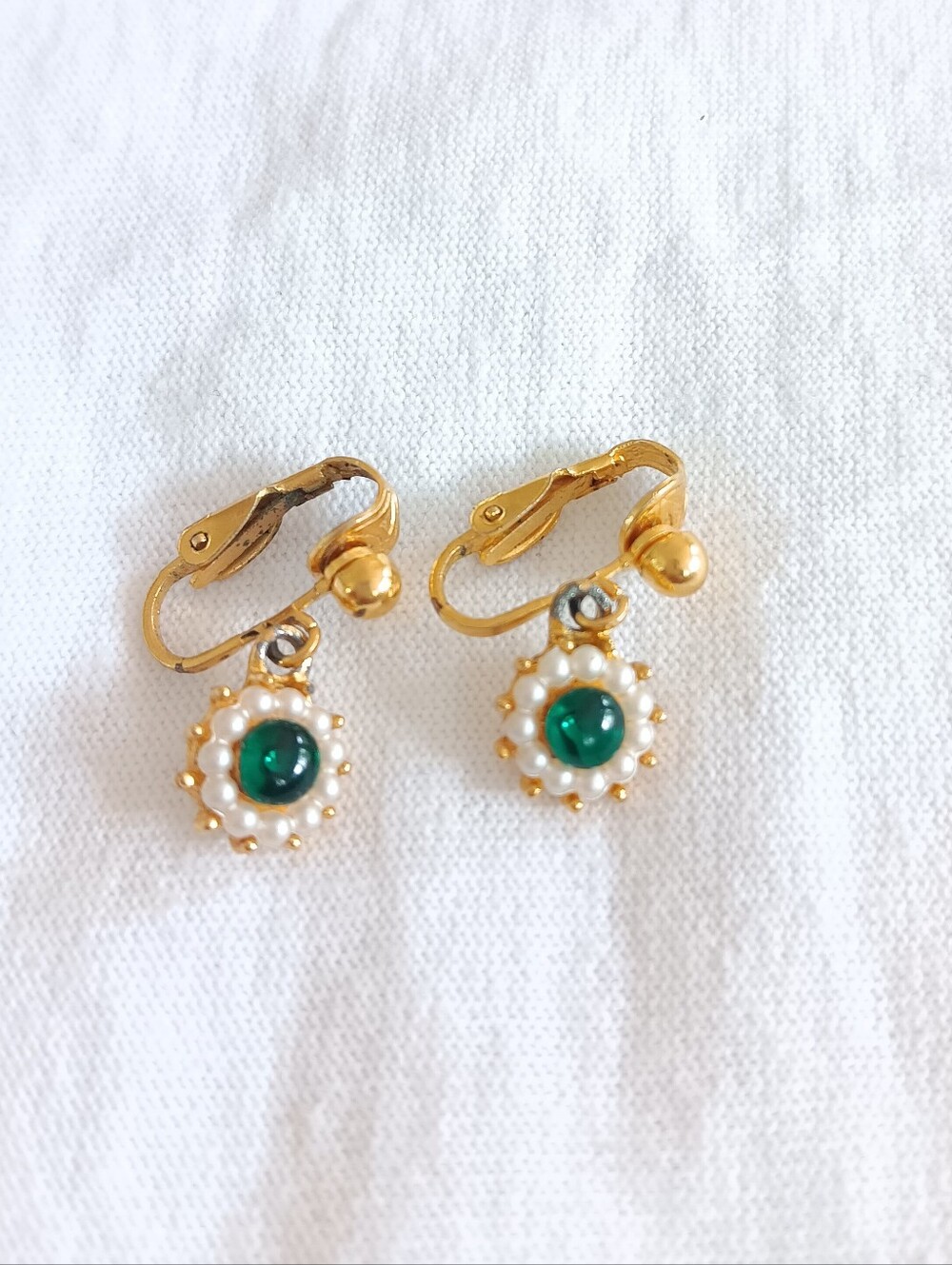 Vintage Gold Clip-On Earrings with Green Center and Pearl Halo Accents